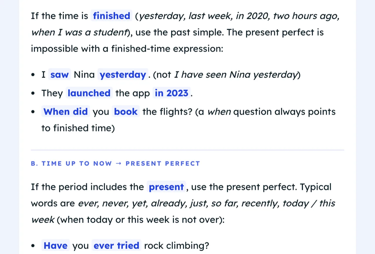 Une leçon Copybook : « Present perfect or simple past? », avec la règle et des exemples en gras.